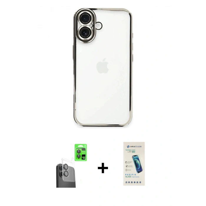 MARSİLYAN™- iPhone 16 Plus Kılıf Vadi Minimal - Şeffaf Pasifik Cam Ekran Koruyucu + Raze Metal Kamera Lens - SH