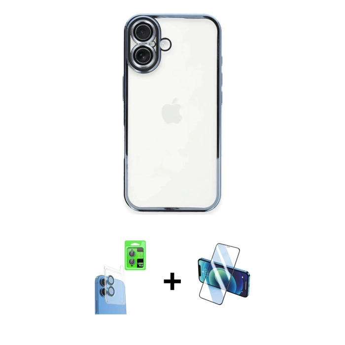 MARSİLYAN™- iPhone 16 Plus Kılıf Vadi Minimal - Siyah 3D Antistatik Cam Ekran Koruyucu + Raze Metal Kamera Lens - LT