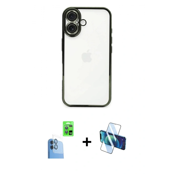 MARSİLYAN™- iPhone 16 Plus Kılıf Vadi Minimal - Siyah 3D Antistatik Cam Ekran Koruyucu + Raze Metal Kamera Lens - LT