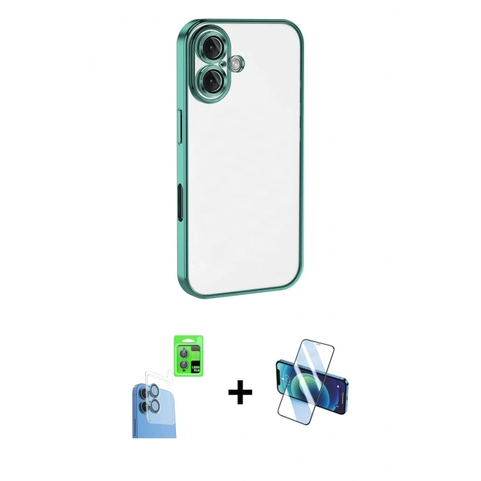 MARSİLYAN™- iPhone 16 Plus Kılıf Vadi Minimal - Siyah 3D Antistatik Cam Ekran Koruyucu + Raze Metal Kamera Lens - LT