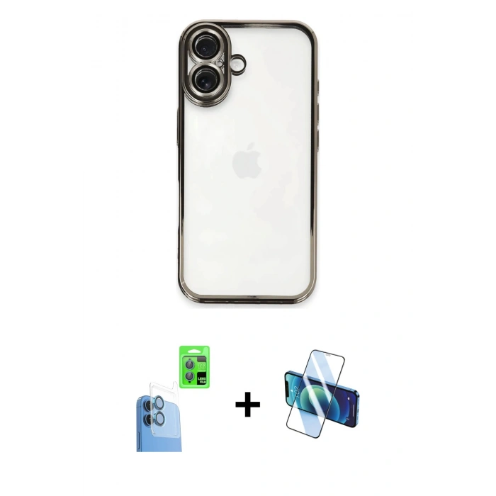 MARSİLYAN™- iPhone 16 Plus Kılıf Vadi Minimal - Siyah 3D Antistatik Cam Ekran Koruyucu + Raze Metal Kamera Lens - LT