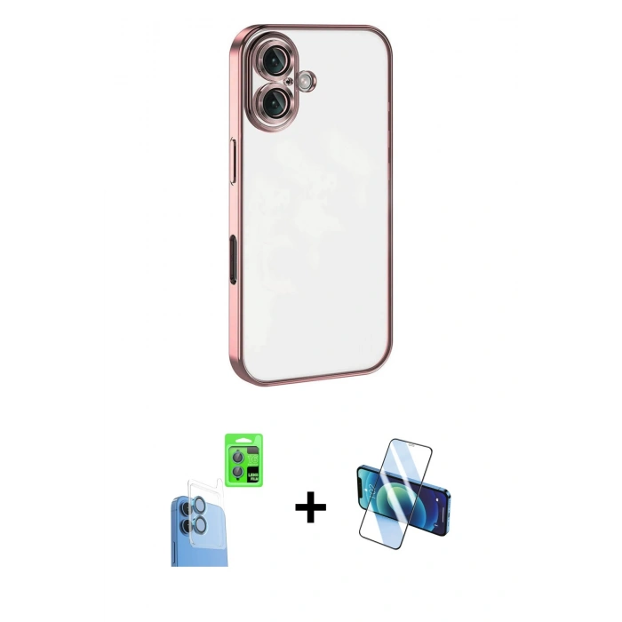 MARSİLYAN™- iPhone 16 Plus Kılıf Vadi Minimal - Siyah 3D Antistatik Cam Ekran Koruyucu + Raze Metal Kamera Lens - LT