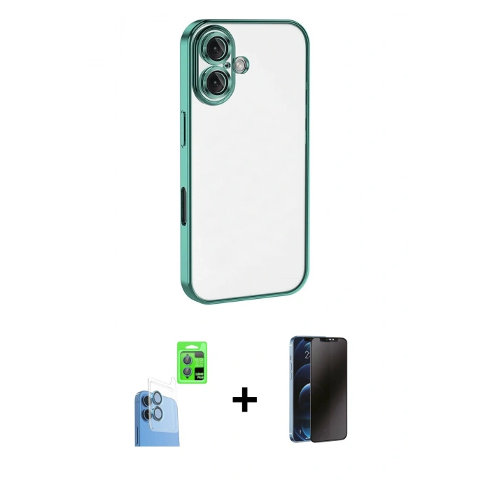 MARSİLYAN™- iPhone 16 Plus Kılıf Vadi Minimal - Siyah 3D Antistatik Hayalet Cam Ekran Koruyucu + Raze Metal Kamera Lens - LT