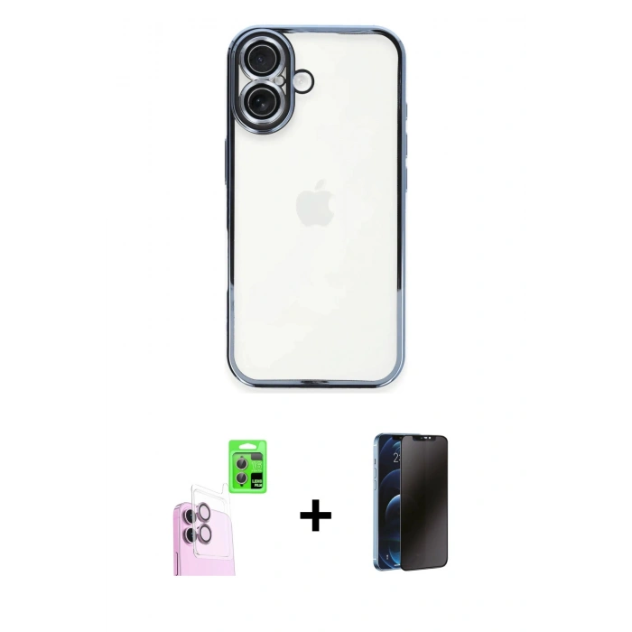 MARSİLYAN™- iPhone 16 Plus Kılıf Vadi Minimal - Siyah 3D Antistatik Hayalet Cam Ekran Koruyucu + Raze Metal Kamera Lens - PE