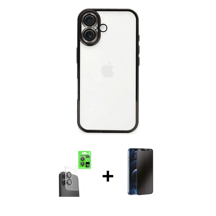 MARSİLYAN™- iPhone 16 Plus Kılıf Vadi Minimal - Siyah 3D Antistatik Hayalet Cam Ekran Koruyucu + Raze Metal Kamera Lens - SH