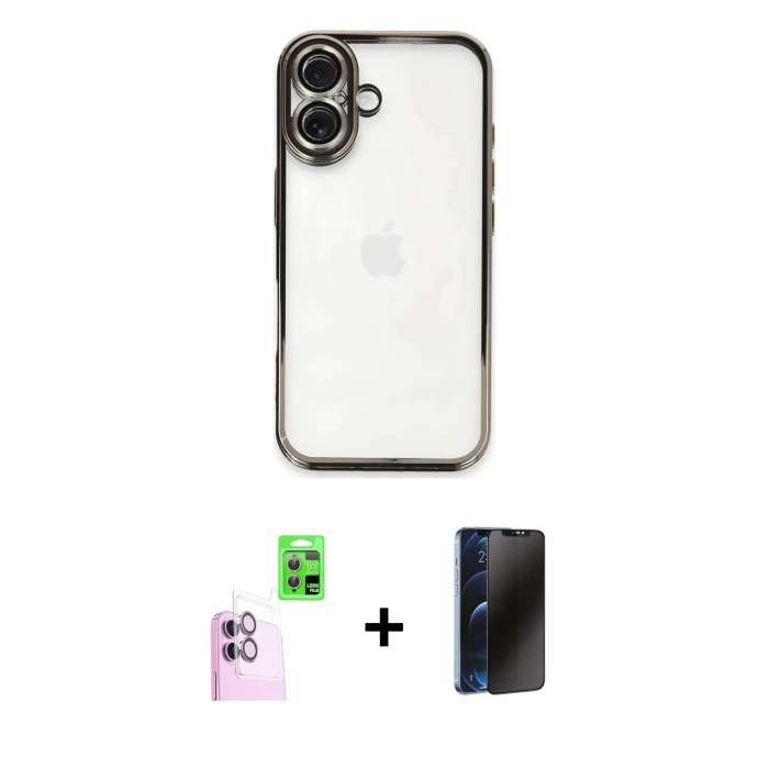 MARSİLYAN™- iPhone 16 Plus Kılıf Vadi Minimal - Siyah 3D Antistatik Hayalet Cam Ekran Koruyucu + Raze Metal Kamera Lens - PE