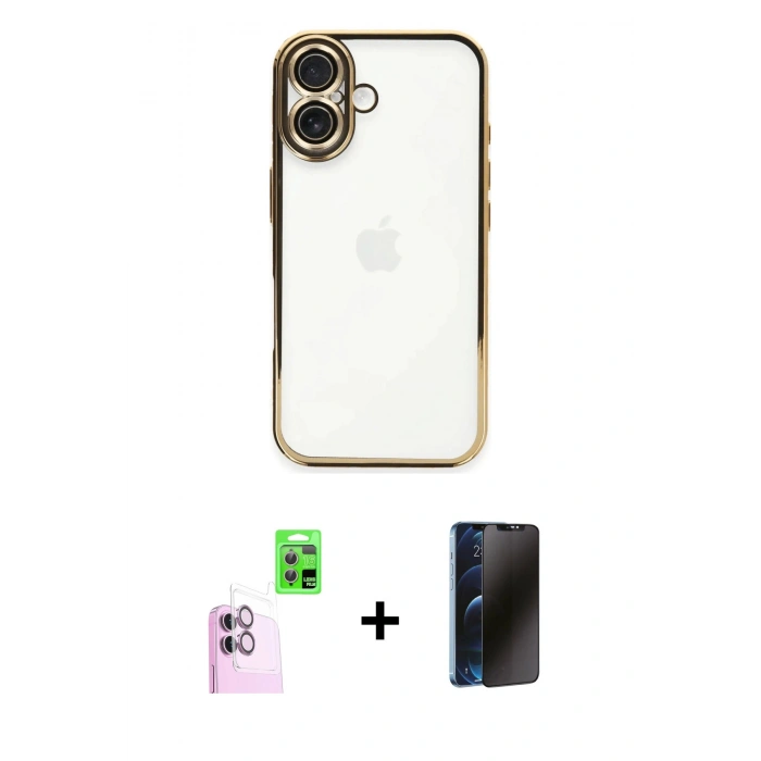 MARSİLYAN™- iPhone 16 Plus Kılıf Vadi Minimal - Siyah 3D Antistatik Hayalet Cam Ekran Koruyucu + Raze Metal Kamera Lens - PE