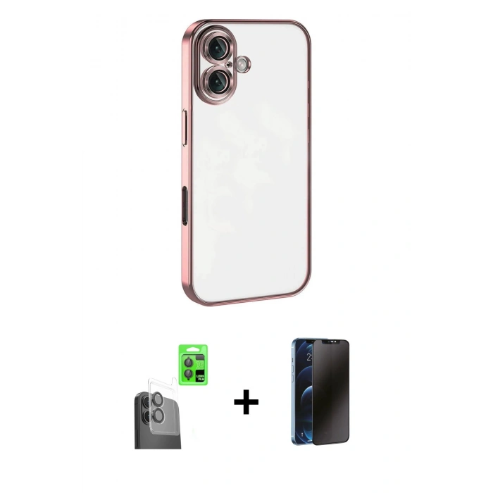 MARSİLYAN™- iPhone 16 Plus Kılıf Vadi Minimal - Siyah 3D Antistatik Hayalet Cam Ekran Koruyucu + Raze Metal Kamera Lens - SH