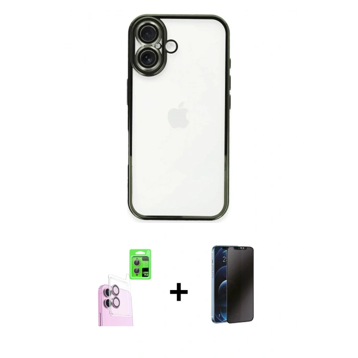 MARSİLYAN™- iPhone 16 Plus Kılıf Vadi Minimal - Siyah 3D Antistatik Hayalet Cam Ekran Koruyucu + Raze Metal Kamera Lens - PE