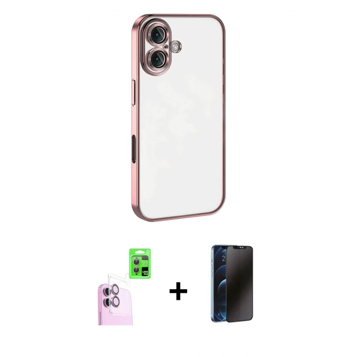 MARSİLYAN™- iPhone 16 Plus Kılıf Vadi Minimal - Siyah 3D Antistatik Hayalet Cam Ekran Koruyucu + Raze Metal Kamera Lens - PE
