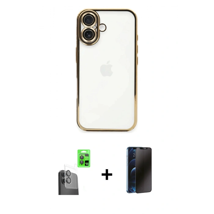 MARSİLYAN™- iPhone 16 Plus Kılıf Vadi Minimal - Siyah 3D Antistatik Hayalet Cam Ekran Koruyucu + Raze Metal Kamera Lens - SH