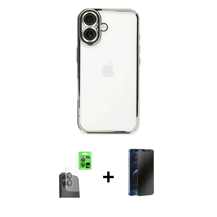 MARSİLYAN™- iPhone 16 Plus Kılıf Vadi Minimal - Siyah 3D Antistatik Hayalet Cam Ekran Koruyucu + Raze Metal Kamera Lens - SH