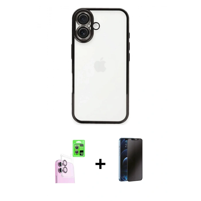 MARSİLYAN™- iPhone 16 Plus Kılıf Vadi Minimal - Siyah 3D Antistatik Hayalet Cam Ekran Koruyucu + Raze Metal Kamera Lens - PE