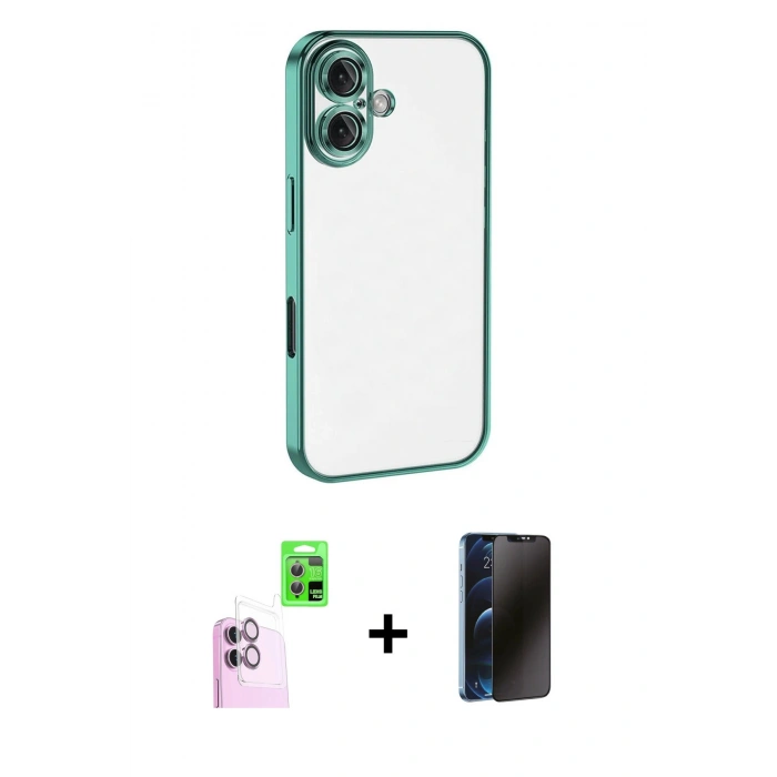 MARSİLYAN™- iPhone 16 Plus Kılıf Vadi Minimal - Siyah 3D Antistatik Hayalet Cam Ekran Koruyucu + Raze Metal Kamera Lens - PE