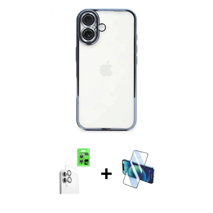 MARSİLYAN™- iPhone 16 Plus Kılıf Vadi Minimal - Siyah 3D Antistatik Seramik Nano Ekran Koruyucu + Raze Metal Kamera Lens - BZ