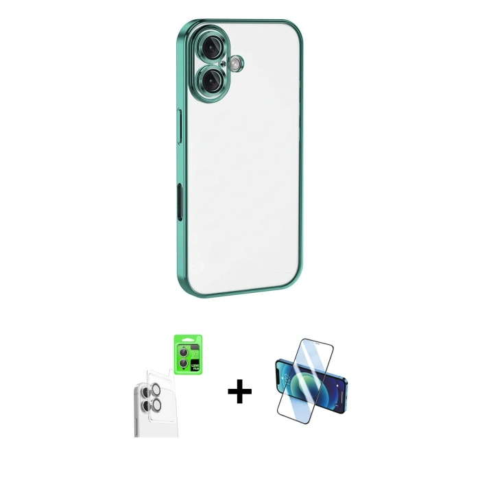 MARSİLYAN™- iPhone 16 Plus Kılıf Vadi Minimal - Siyah 3D Antistatik Seramik Nano Ekran Koruyucu + Raze Metal Kamera Lens - BZ