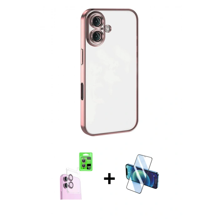 MARSİLYAN™- iPhone 16 Plus Kılıf Vadi Minimal - Siyah 3D Antistatik Seramik Nano Ekran Koruyucu + Raze Metal Kamera Lens - PE