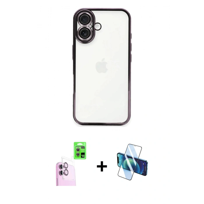 MARSİLYAN™- iPhone 16 Plus Kılıf Vadi Minimal - Siyah 3D Antistatik Seramik Nano Ekran Koruyucu + Raze Metal Kamera Lens - PE
