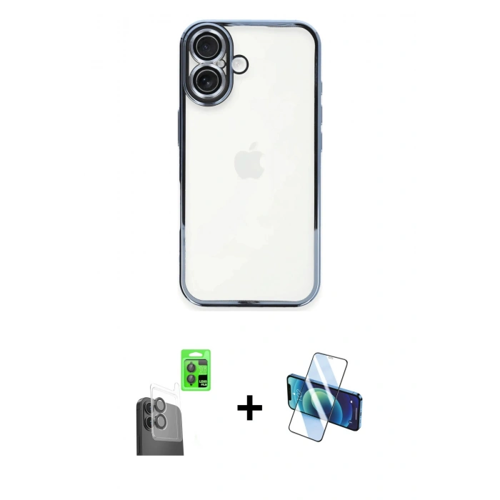 MARSİLYAN™- iPhone 16 Plus Kılıf Vadi Minimal - Siyah 3D Antistatik Seramik Nano Ekran Koruyucu + Siyah Raze Metal Kamera Lens