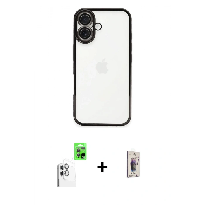 MARSİLYAN™- iPhone 16 Plus Kılıf Vadi Minimal - Siyah Bilvis 3D Cam Ekran Koruyucu + Raze Metal Kamera Lens - BZ