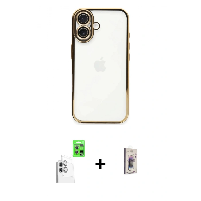 MARSİLYAN™- iPhone 16 Plus Kılıf Vadi Minimal - Siyah Bilvis 3D Cam Ekran Koruyucu + Raze Metal Kamera Lens - BZ