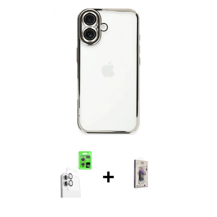 MARSİLYAN™- iPhone 16 Plus Kılıf Vadi Minimal - Siyah Bilvis 3D Cam Ekran Koruyucu + Raze Metal Kamera Lens - BZ