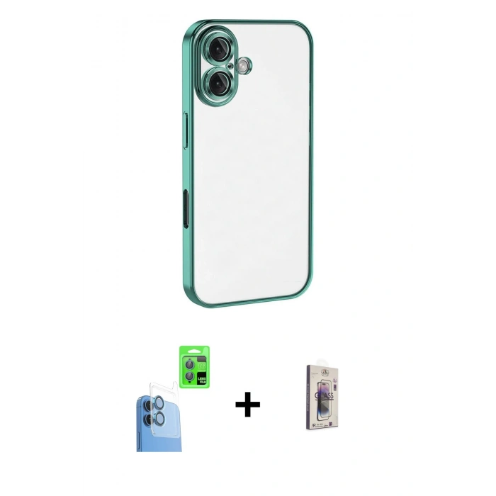 MARSİLYAN™- iPhone 16 Plus Kılıf Vadi Minimal - Siyah Bilvis 3D Cam Ekran Koruyucu + Raze Metal Kamera Lens - LT
