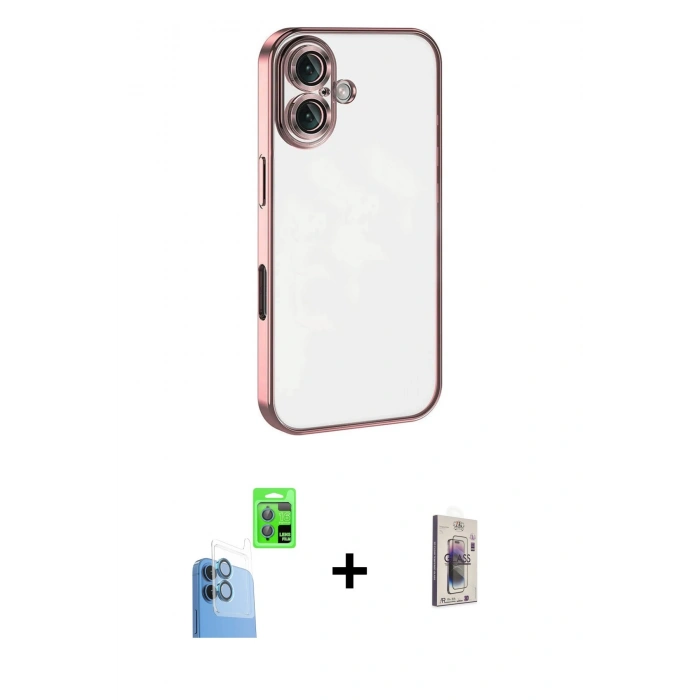 MARSİLYAN™- iPhone 16 Plus Kılıf Vadi Minimal - Siyah Bilvis 3D Cam Ekran Koruyucu + Raze Metal Kamera Lens - LT