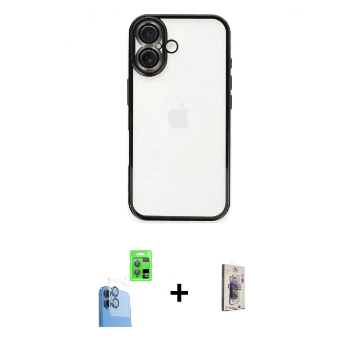 MARSİLYAN™- iPhone 16 Plus Kılıf Vadi Minimal - Siyah Bilvis 3D Cam Ekran Koruyucu + Raze Metal Kamera Lens - LT