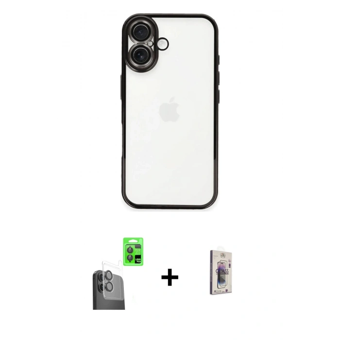 MARSİLYAN™- iPhone 16 Plus Kılıf Vadi Minimal - Siyah Bilvis 3D Cam Ekran Koruyucu + Raze Metal Kamera Lens - SH