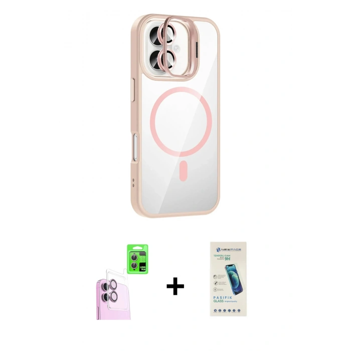 MARSİLYAN™- iPhone 16 Plus Kılıf Yadigar Asil Koleksiyonu - Şeffaf Pasifik Cam Ekran Koruyucu + Raze Metal Kamera Lens - PE