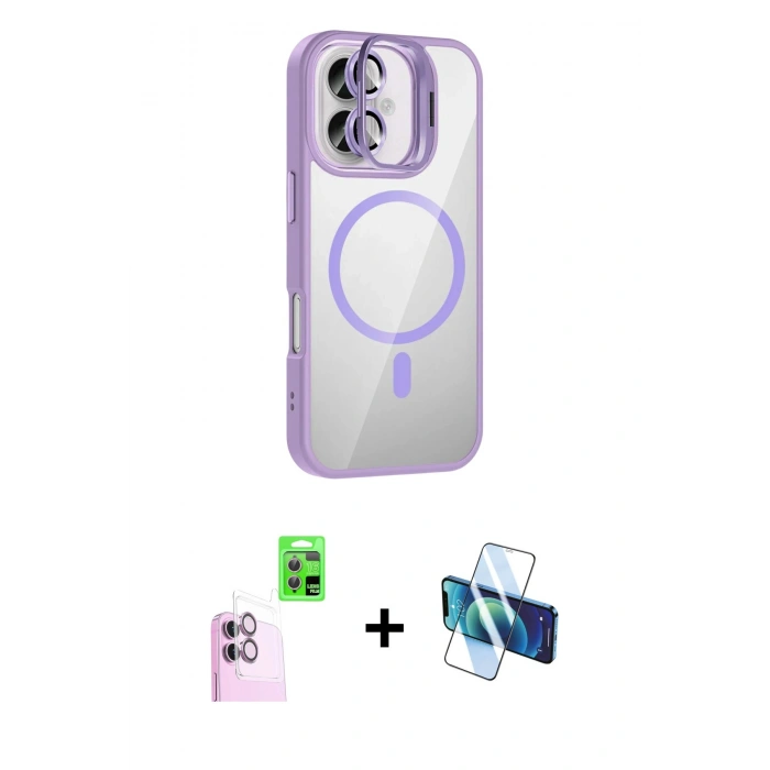 MARSİLYAN™- iPhone 16 Plus Kılıf Yadigar Asil Koleksiyonu - Siyah 3D Antistatik Seramik Nano Ekran Koruyucu + Pembe Raze Metal Kamera Lens