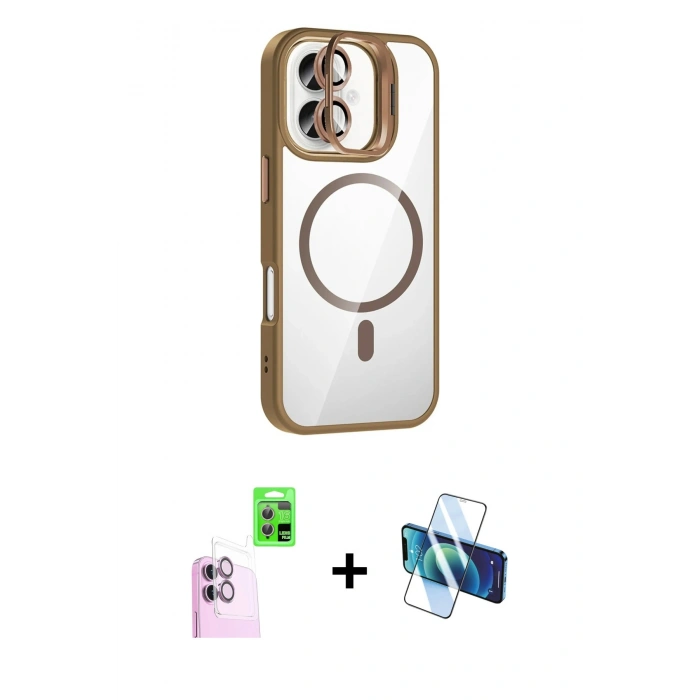 MARSİLYAN™- iPhone 16 Plus Kılıf Yadigar Asil Koleksiyonu - Siyah 3D Antistatik Seramik Nano Ekran Koruyucu + Pembe Raze Metal Kamera Lens