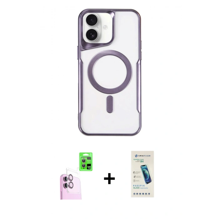 MARSİLYAN™- iPhone 16 Plus Kılıf Yadigar Klasik Özel Seri - Şeffaf Pasifik Cam Ekran Koruyucu + Pembe Raze Metal Kamera Lens