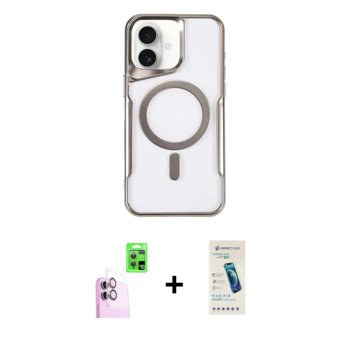 MARSİLYAN™- iPhone 16 Plus Kılıf Yadigar Klasik Özel Seri - Şeffaf Pasifik Cam Ekran Koruyucu + Pembe Raze Metal Kamera Lens