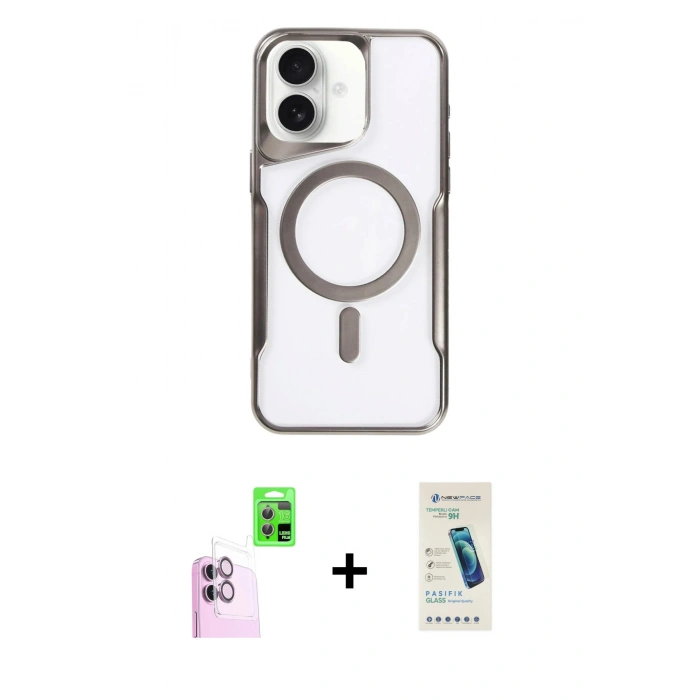 MARSİLYAN™- iPhone 16 Plus Kılıf Yadigar Klasik Özel Seri - Şeffaf Pasifik Cam Ekran Koruyucu + Pembe Raze Metal Kamera Lens