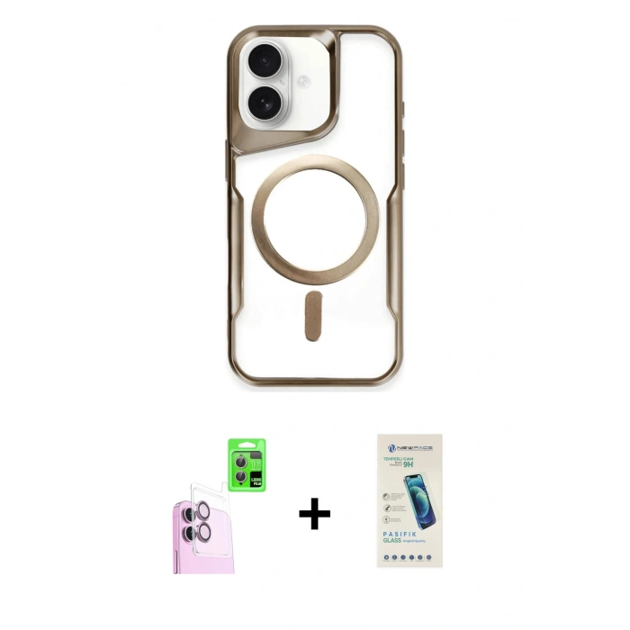 MARSİLYAN™- iPhone 16 Plus Kılıf Yadigar Klasik Özel Seri - Şeffaf Pasifik Cam Ekran Koruyucu + Pembe Raze Metal Kamera Lens