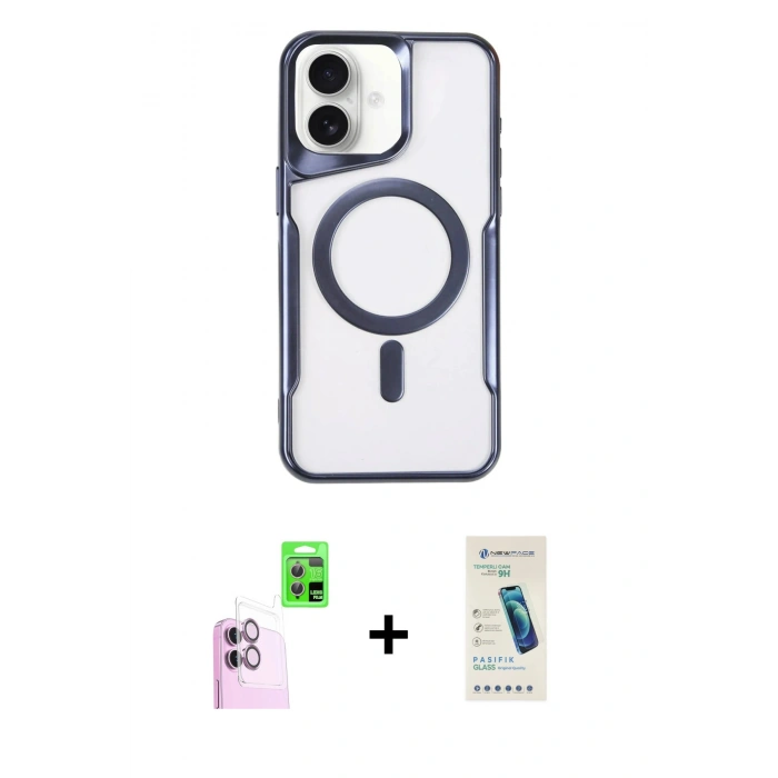 MARSİLYAN™- iPhone 16 Plus Kılıf Yadigar Klasik Özel Seri - Şeffaf Pasifik Cam Ekran Koruyucu + Pembe Raze Metal Kamera Lens