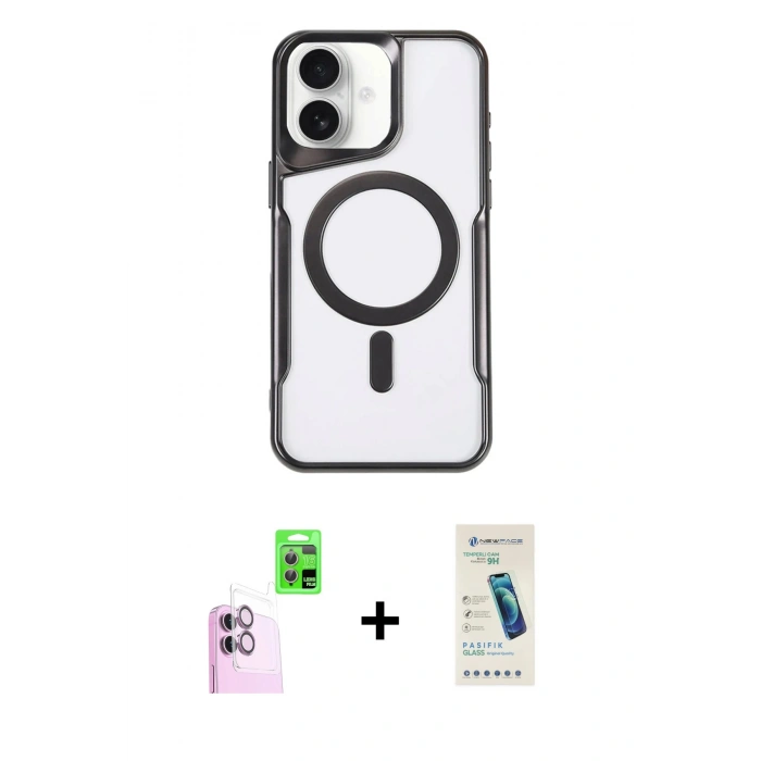 MARSİLYAN™- iPhone 16 Plus Kılıf Yadigar Klasik Özel Seri - Şeffaf Pasifik Cam Ekran Koruyucu + Pembe Raze Metal Kamera Lens