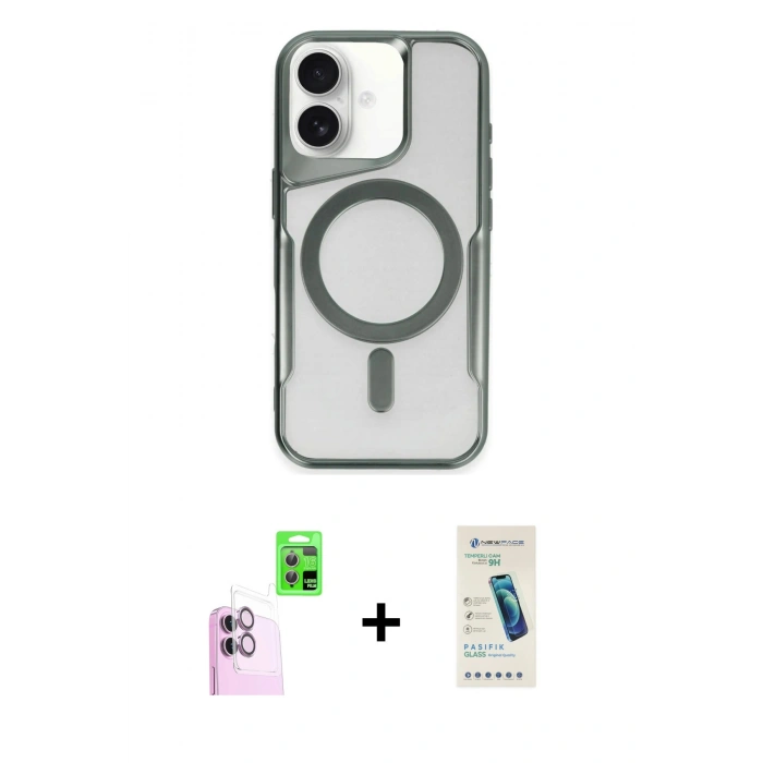 MARSİLYAN™- iPhone 16 Plus Kılıf Yadigar Klasik Özel Seri - Şeffaf Pasifik Cam Ekran Koruyucu + Pembe Raze Metal Kamera Lens