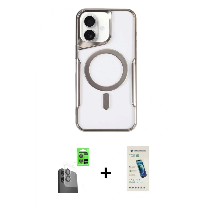 MARSİLYAN™- iPhone 16 Plus Kılıf Yadigar Klasik Özel Seri - Şeffaf Pasifik Cam Ekran Koruyucu + Siyah Raze Metal Kamera Lens