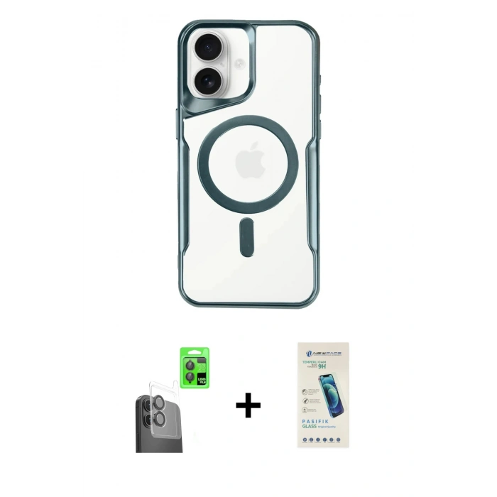 MARSİLYAN™- iPhone 16 Plus Kılıf Yadigar Klasik Özel Seri - Şeffaf Pasifik Cam Ekran Koruyucu + Siyah Raze Metal Kamera Lens