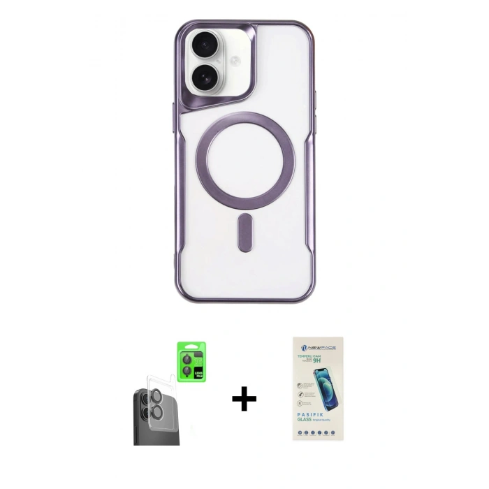 MARSİLYAN™- iPhone 16 Plus Kılıf Yadigar Klasik Özel Seri - Şeffaf Pasifik Cam Ekran Koruyucu + Siyah Raze Metal Kamera Lens