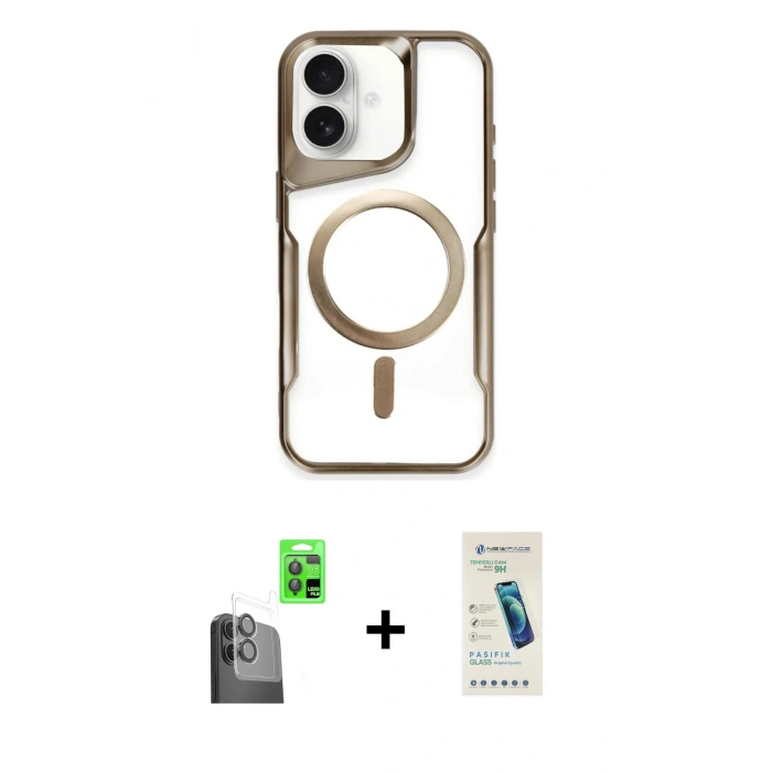 MARSİLYAN™- iPhone 16 Plus Kılıf Yadigar Klasik Özel Seri - Şeffaf Pasifik Cam Ekran Koruyucu + Siyah Raze Metal Kamera Lens