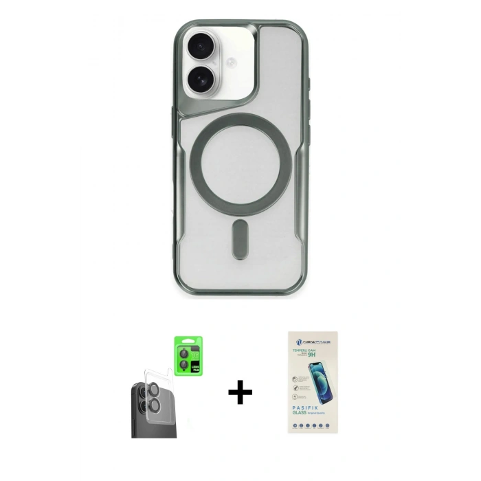 MARSİLYAN™- iPhone 16 Plus Kılıf Yadigar Klasik Özel Seri - Şeffaf Pasifik Cam Ekran Koruyucu + Siyah Raze Metal Kamera Lens
