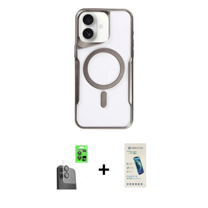 MARSİLYAN™- iPhone 16 Plus Kılıf Yadigar Klasik Özel Seri - Şeffaf Pasifik Cam Ekran Koruyucu + Siyah Raze Metal Kamera Lens