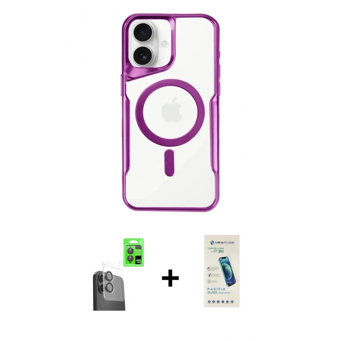 MARSİLYAN™- iPhone 16 Plus Kılıf Yadigar Klasik Özel Seri - Şeffaf Pasifik Cam Ekran Koruyucu + Siyah Raze Metal Kamera Lens
