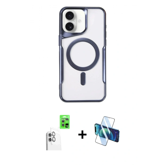 MARSİLYAN™- iPhone 16 Plus Kılıf Yadigar Klasik Özel Seri - Siyah 3D Antistatik Cam Ekran Koruyucu + Raze Metal Kamera Lens - BZ