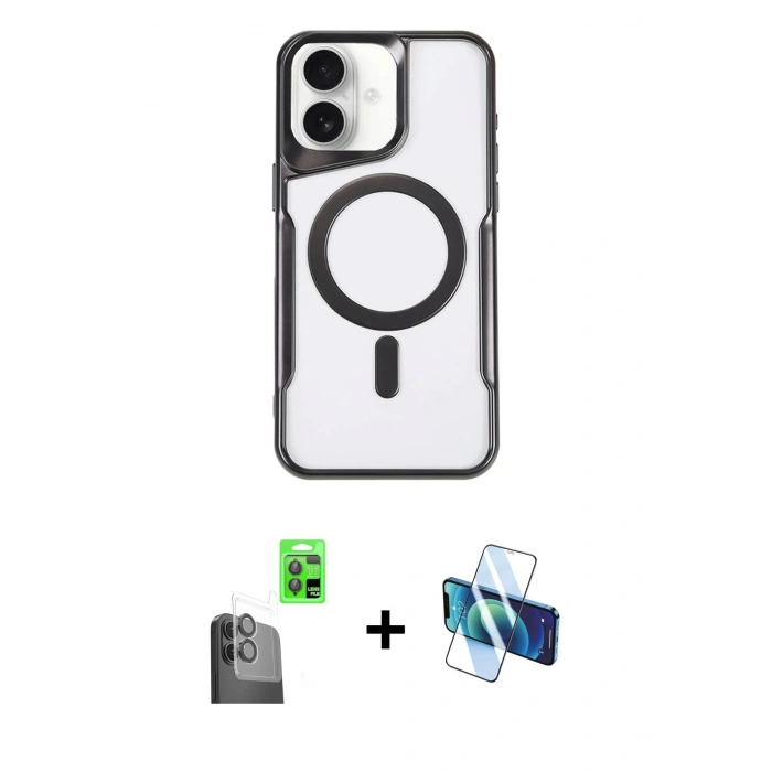 MARSİLYAN™- iPhone 16 Plus Kılıf Yadigar Klasik Özel Seri - Siyah 3D Antistatik Cam Ekran Koruyucu + Siyah Raze Metal Kamera Lens