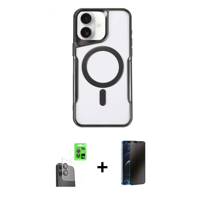 MARSİLYAN™- iPhone 16 Plus Kılıf Yadigar Klasik Özel Seri - Siyah 3D Antistatik Hayalet Cam Ekran Koruyucu + Raze Metal Kamera Lens - SH